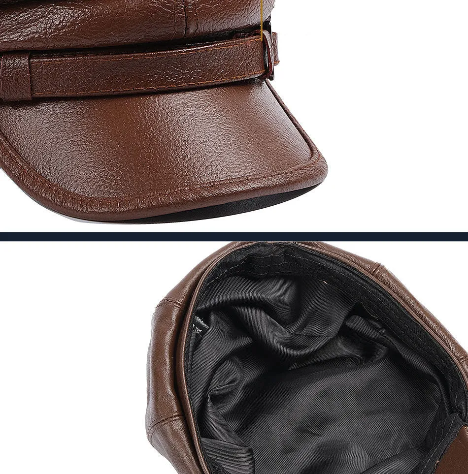 First layer cowhide men's outdoor leather hat Winter beret production warm earmuffs Leather women's hat (size: 56-60cm)