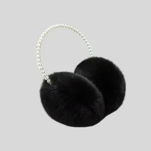 Fluffy Plush  Pearl Beaded Headband - Black