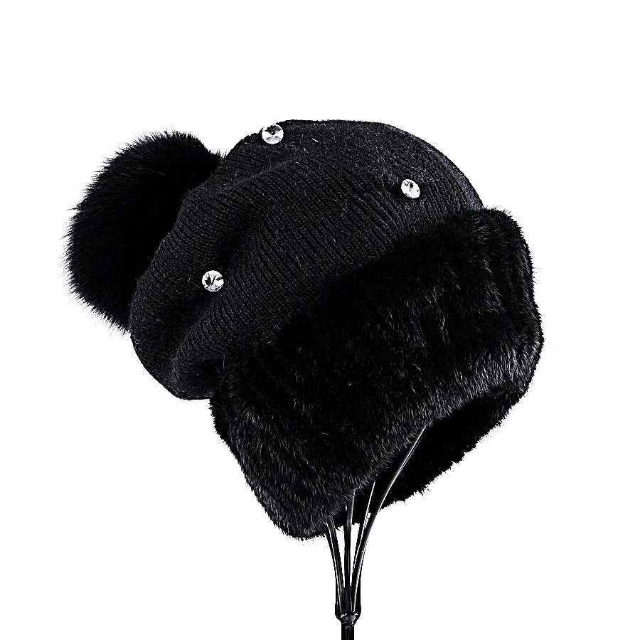 Mink fur hat women's autumn and winter fox fur ball knitted wool hat warm thickened earmuffs fur hat