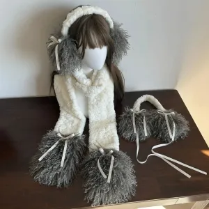 Sohiwoo Y2K Plush Hair Earmuffs Scarf Set Snowflake Sweet Women Winter Warm Foldable Headband Earmuffs Ear Bag Lolita JK Accessories