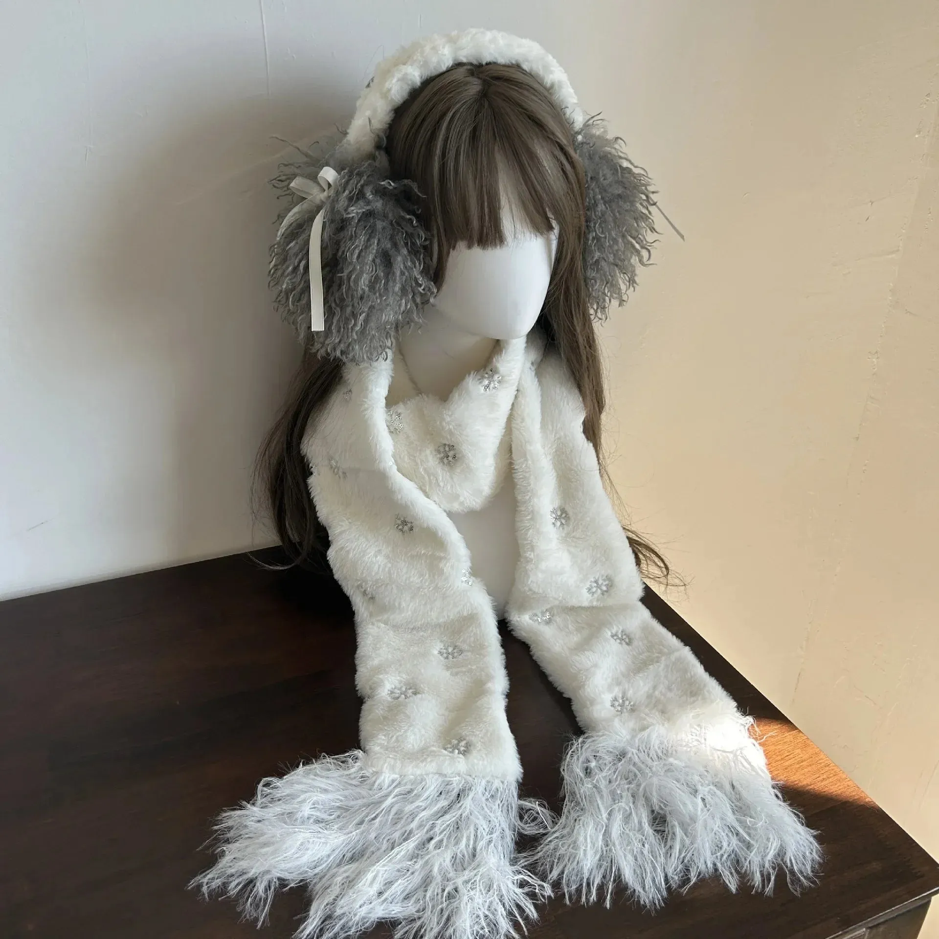 Sohiwoo Y2K Plush Hair Earmuffs Scarf Set Snowflake Sweet Women Winter Warm Foldable Headband Earmuffs Ear Bag Lolita JK Accessories