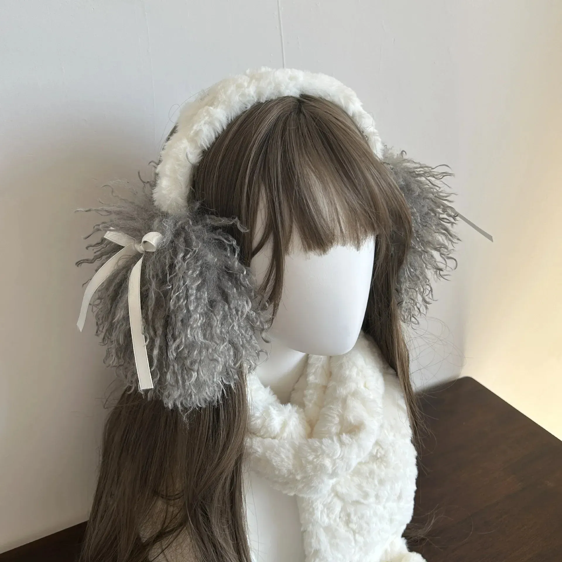 Sohiwoo Y2K Plush Hair Earmuffs Scarf Set Snowflake Sweet Women Winter Warm Foldable Headband Earmuffs Ear Bag Lolita JK Accessories