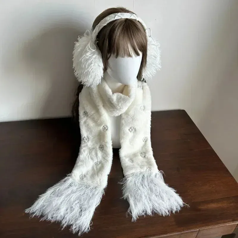 Sohiwoo Y2K Plush Hair Earmuffs Scarf Set Snowflake Sweet Women Winter Warm Foldable Headband Earmuffs Ear Bag Lolita JK Accessories