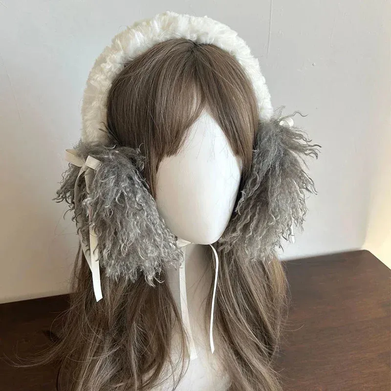 Sohiwoo Y2K Plush Hair Earmuffs Scarf Set Snowflake Sweet Women Winter Warm Foldable Headband Earmuffs Ear Bag Lolita JK Accessories