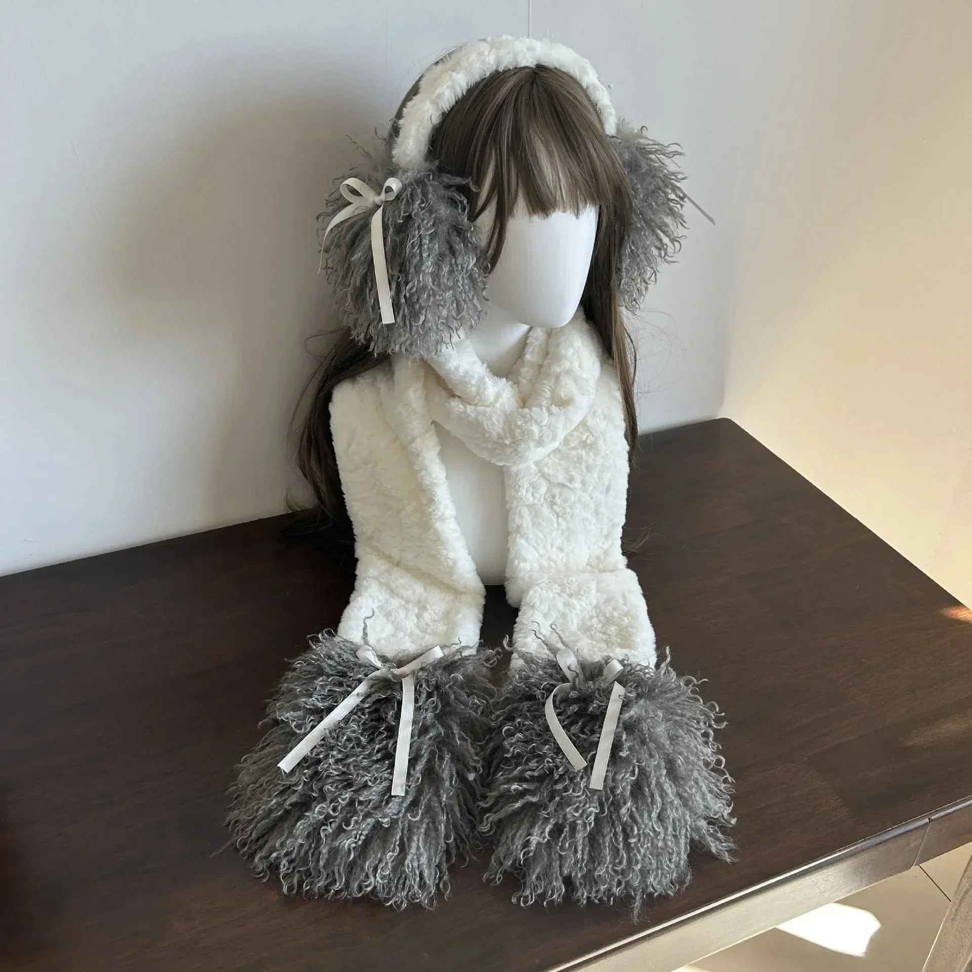 Sohiwoo Y2K Plush Hair Earmuffs Scarf Set Snowflake Sweet Women Winter Warm Foldable Headband Earmuffs Ear Bag Lolita JK Accessories